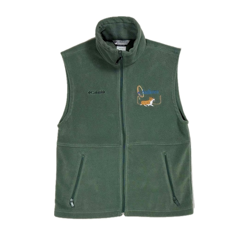Vintage Y2K Columbia green corgi on leash full zip up fleece vest men's small